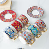 Moroccan Style Luxury Arabic Coffee Cups and Saucer Set with Gold Handel Special Ceramic Cappuccino Afternoon Tea Cup 250ml