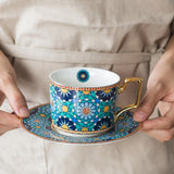 Moroccan Style Luxury Arabic Coffee Cups and Saucer Set with Gold Handel Special Ceramic Cappuccino Afternoon Tea Cup 250ml