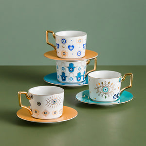 Nordic Luxury Evil Eyes Ceramic Cup and Saucer Set Modern Design Afternoon Tea Turkish Coffee Cup Saucer Set