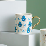 Creative Evil Eyes Decal Ceramic Mug with Gold Handle Luxury Style Mug Cup Couple Breakfast Ceramic Drinkware Coffee Cup