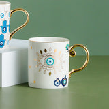 Creative Evil Eyes Decal Ceramic Mug with Gold Handle Luxury Style Mug Cup Couple Breakfast Ceramic Drinkware Coffee Cup