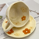 Ins Korean Style Milk Yellow Flower Design Hand Pinch Irregular Ceramic Hand-painted Cup Ceramic Coffee Cup