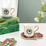 Luxury Ceramic Coffee Cups Saucer Set Hand Skirt Shape Dish Turkish Blue Eyes Design Creative Girl Gift for Tea & Water
