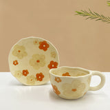 Hand-Kneaded Ceramic Coffee Mug Saucer Spoon Set Creative Floral Design Breakfast Afternoon Tea Cup With Dish