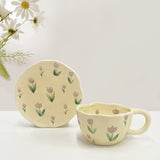 Hand-Kneaded Ceramic Coffee Mug Saucer Spoon Set Creative Floral Design Breakfast Afternoon Tea Cup With Dish