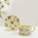Hand-Kneaded Ceramic Coffee Mug Saucer Spoon Set Creative Floral Design Breakfast Afternoon Tea Cup With Dish