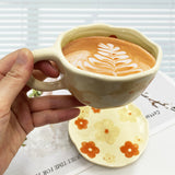 Hand-Kneaded Ceramic Coffee Mug Saucer Spoon Set Creative Floral Design Breakfast Afternoon Tea Cup With Dish