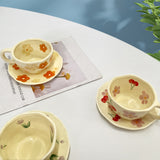 Hand-Kneaded Ceramic Coffee Mug Saucer Spoon Set Creative Floral Design Breakfast Afternoon Tea Cup With Dish