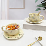 Hand-Kneaded Ceramic Coffee Mug Saucer Spoon Set Creative Floral Design Breakfast Afternoon Tea Cup With Dish