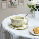 Hand-Kneaded Ceramic Coffee Mug Saucer Spoon Set Creative Floral Design Breakfast Afternoon Tea Cup With Dish