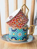 Moroccan Style Luxury Arabic Coffee Cups and Saucer Set with Gold Handel Special Ceramic Cappuccino Afternoon Tea Cup 250ml