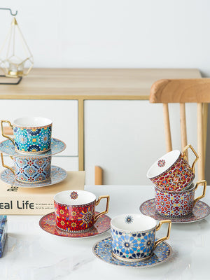 Moroccan Style Luxury Arabic Coffee Cups and Saucer Set with Gold Handel Special Ceramic Cappuccino Afternoon Tea Cup 250ml