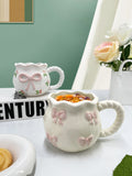 Modern Style Cute Ceramic Mug with Heart Pinch Bow Coffee Cup for Afternoon Tea Cup Porcelain Office Water Mug