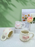 Modern Style Cute Ceramic Mug with Heart Pinch Bow Coffee Cup for Afternoon Tea Cup Porcelain Office Water Mug