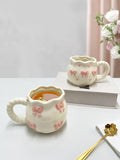 Modern Style Cute Ceramic Mug with Heart Pinch Bow Coffee Cup for Afternoon Tea Cup Porcelain Office Water Mug