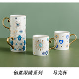 Creative Evil Eyes Decal Ceramic Mug with Gold Handle Luxury Style Mug Cup Couple Breakfast Ceramic Drinkware Coffee Cup