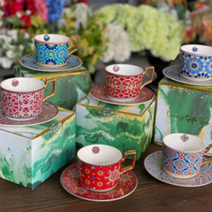 Moroccan Style Luxury Arabic Coffee Cups and Saucer Set with Gold Handel Special Ceramic Cappuccino Afternoon Tea Cup 250ml